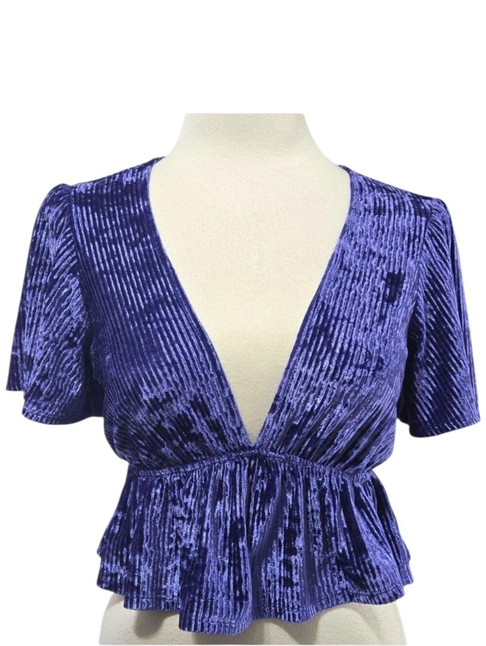 Urban Outfitters Purple Velvet Ribbed Peplum Top Deep V-Neck Flutter Sleeve M